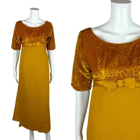 Vintage | Dresses | Vintage 6s Formal Dress Womens Extra Small Mustard  Yellow Velvet Empire Evenin | Poshmark